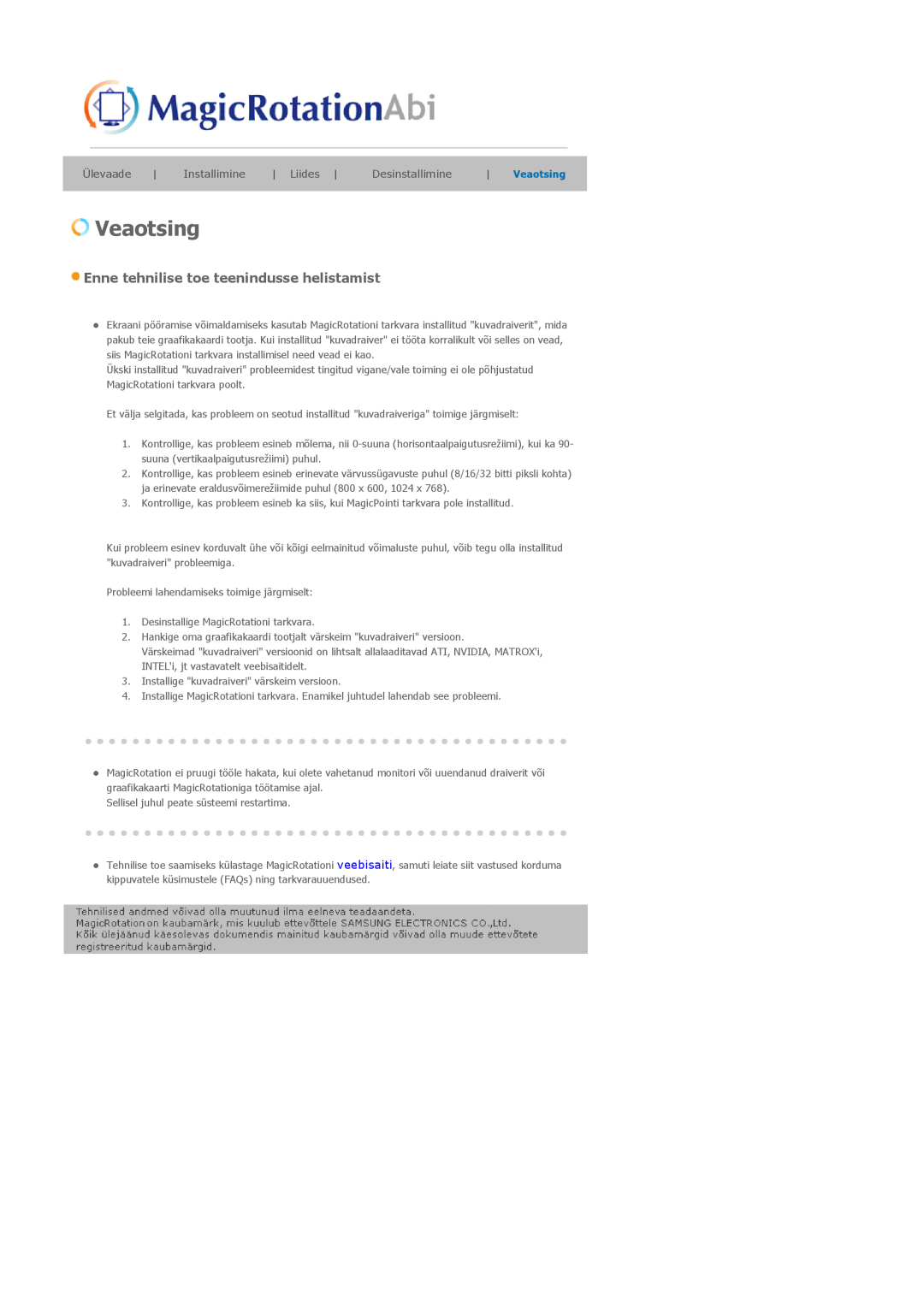 Samsung LS17HADKSH/EDC manual Veaotsing, Enne tehnilise toe teenindusse helistamist, Ülevaade, Installimine, Liides 