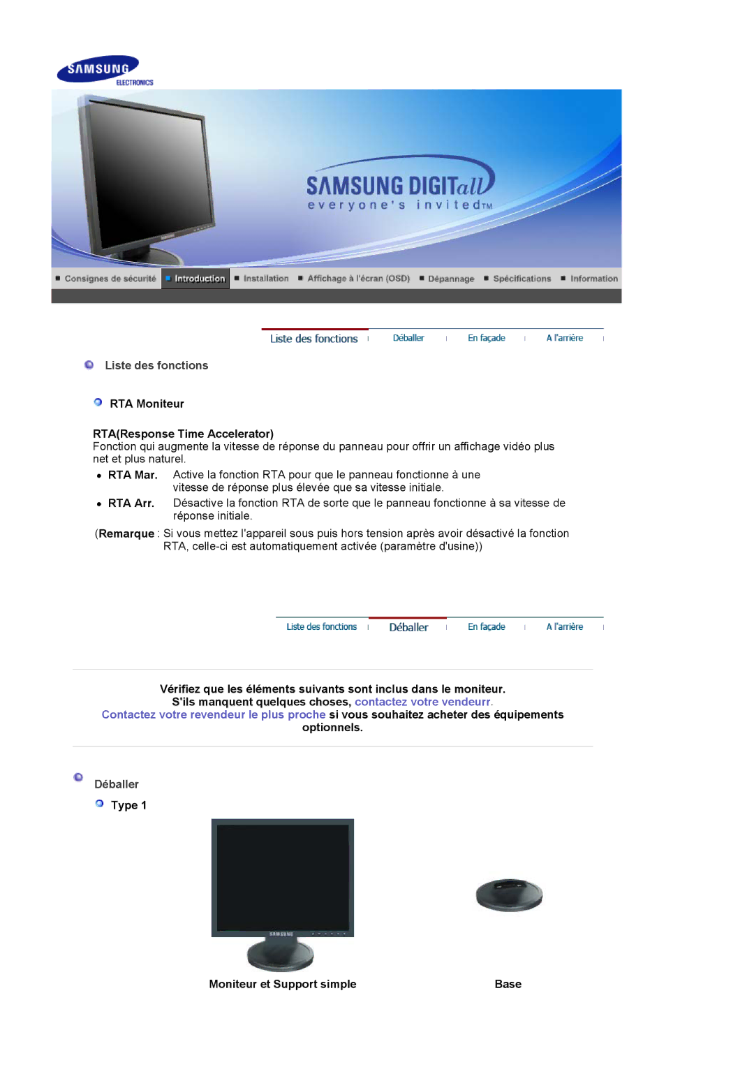 Samsung LS19HADKSP/EDC manual RTA Moniteur RTAResponse Time Accelerator, Optionnels, Type Moniteur et Support simple Base 