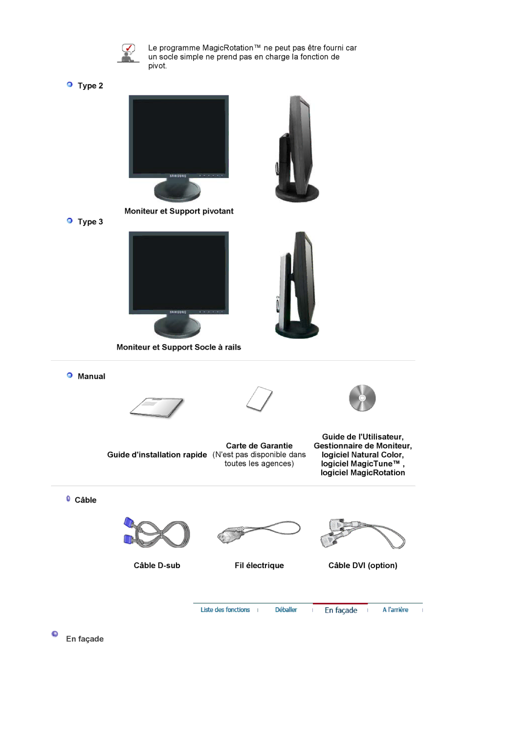 Samsung LS19HADKSE/EDC manual Logiciel MagicTune, Logiciel MagicRotation, Câble Câble D-sub Fil électrique Câble DVI option 