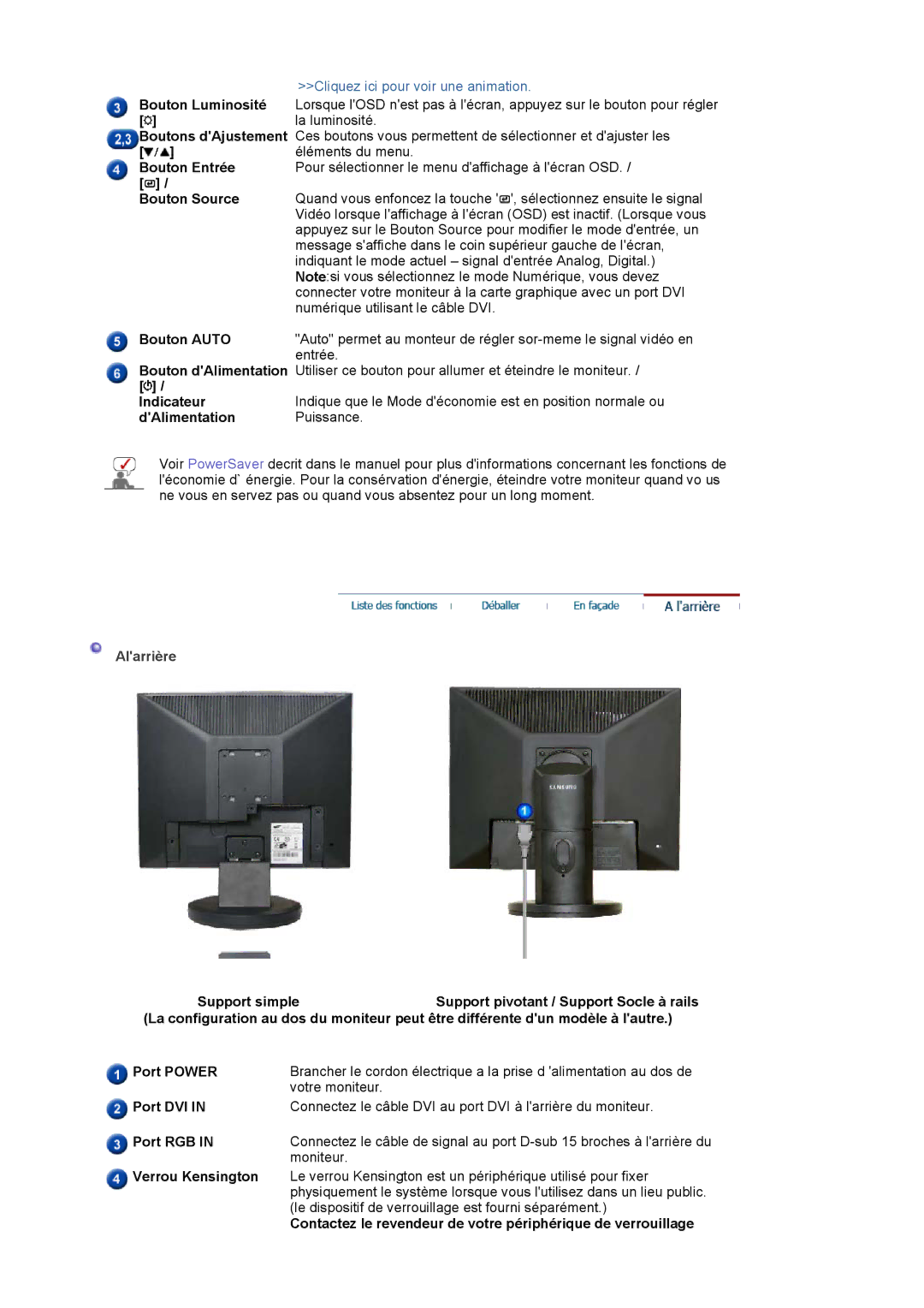 Samsung LS19HADKS7/EDC manual Bouton Luminosité, Boutons dAjustement, Bouton Entrée, Bouton Source, Bouton Auto, Indicateur 