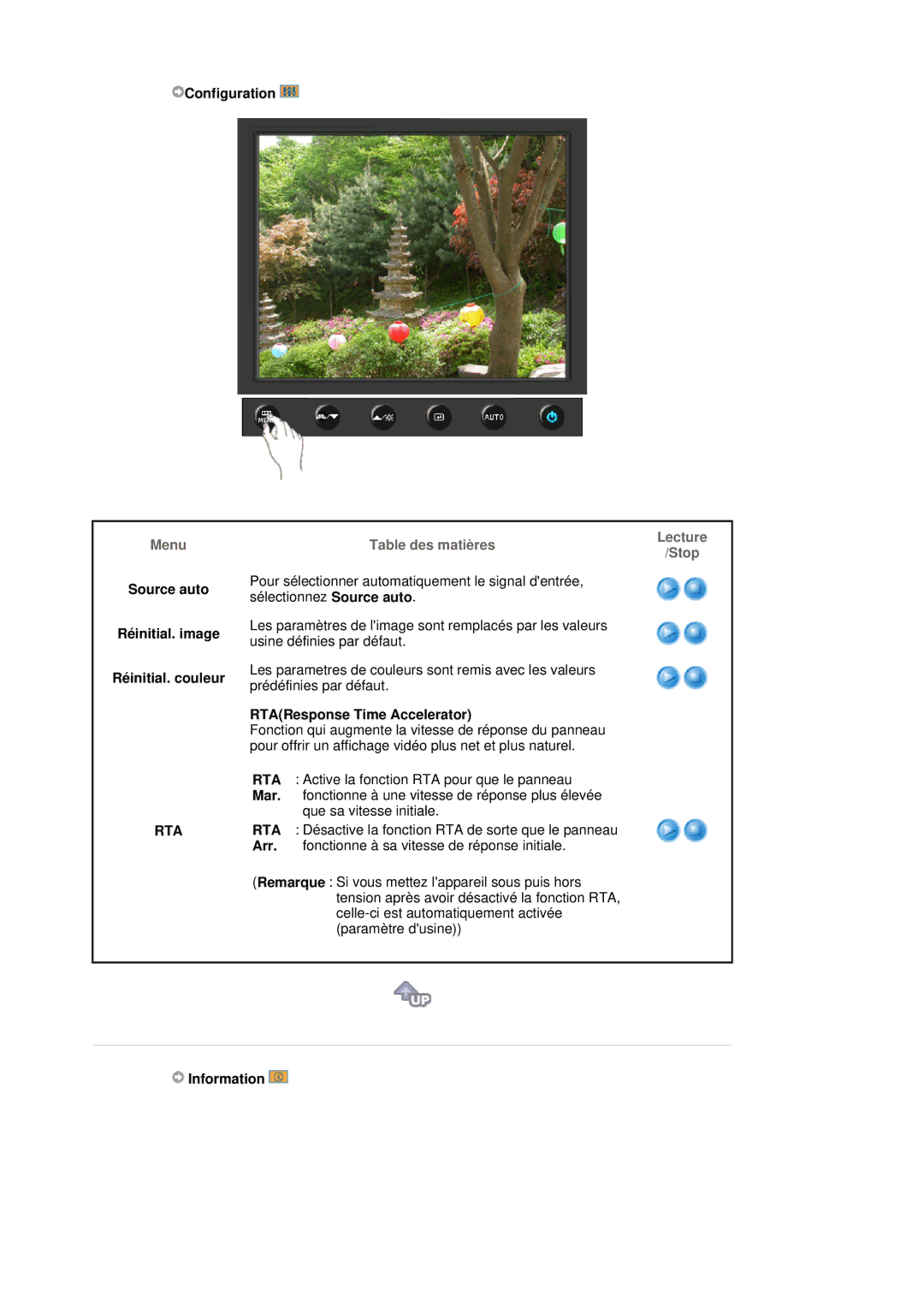 Samsung LS17HADKSX/EDC manual Configuration, Source auto Réinitial. image Réinitial. couleur, Lecture Stop, Information 