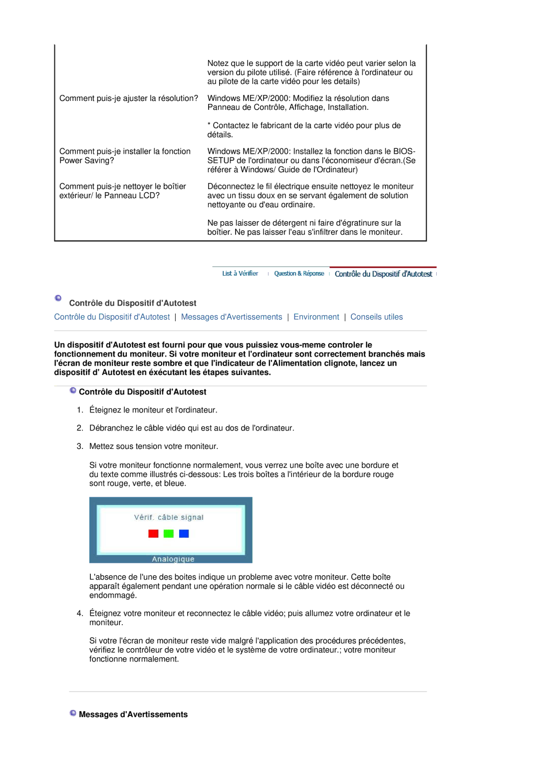 Samsung LS19HADKS7/EDC, LS19HADKSP/EDC, LS19HADKSE/EDC manual Contrôle du Dispositif dAutotest, Messages dAvertissements 