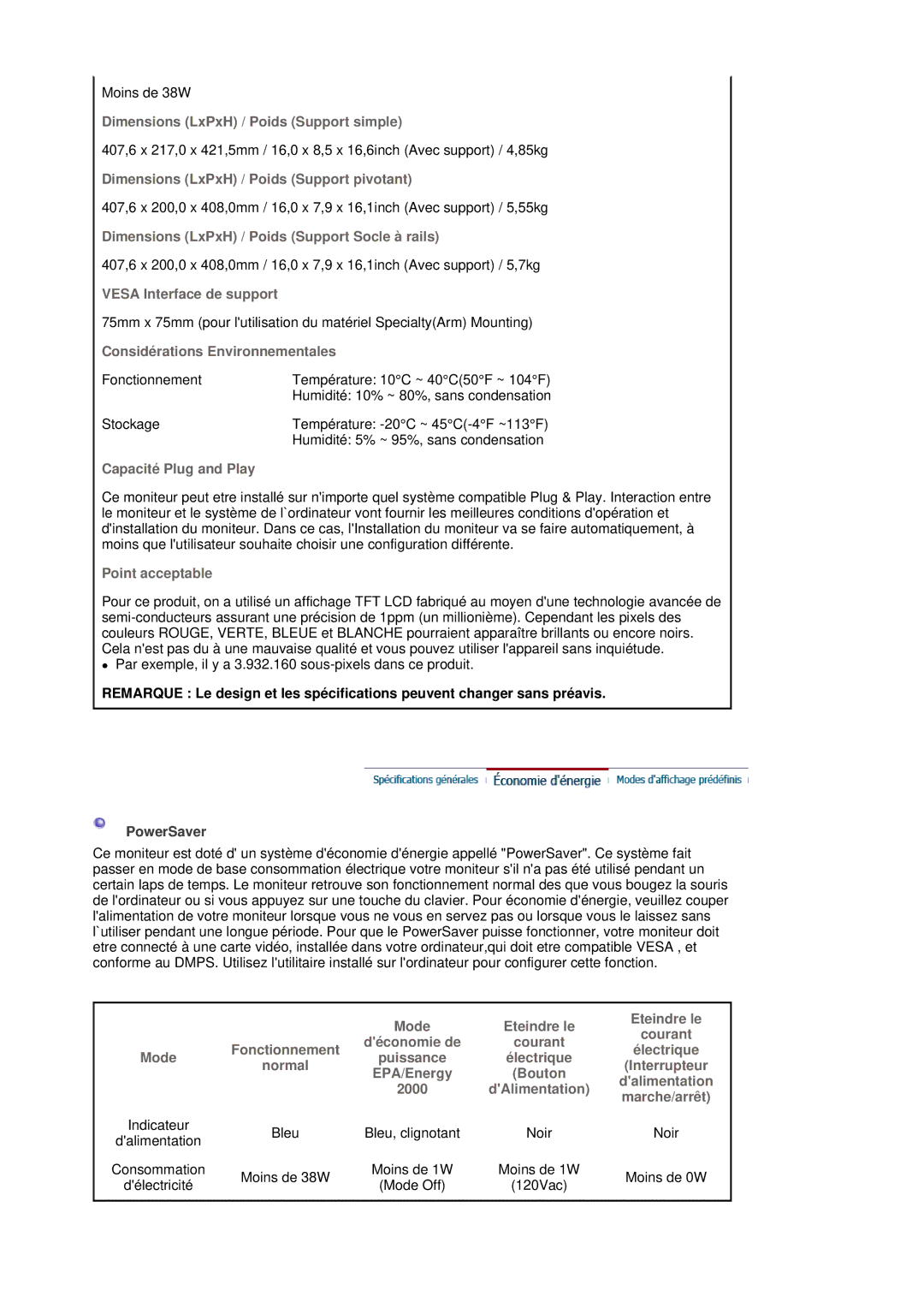 Samsung LS19HADKSP/EDC, LS19HADKSE/EDC, LS17HADKSX/EDC, LS19HADKS7/EDC Dimensions LxPxH / Poids Support simple, Mode Off 