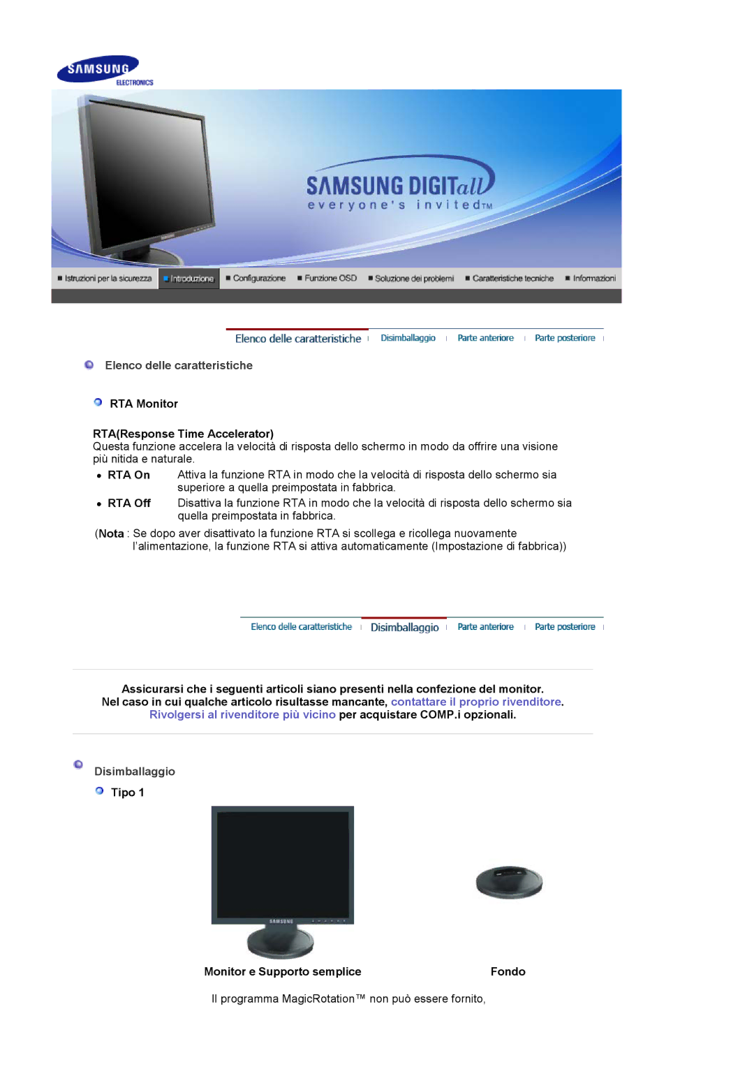 Samsung LS17HADKSH/EDC manual Elenco delle caratteristiche, RTA Monitor RTAResponse Time Accelerator, Disimballaggio 