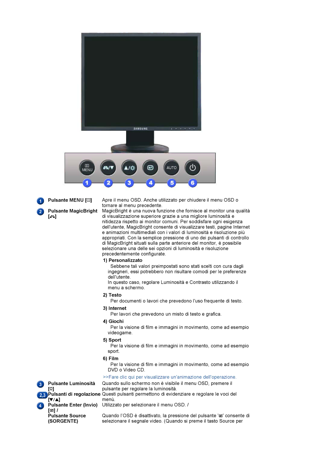 Samsung LS19HADKSP/EDC manual Pulsante Menu, Personalizzato, Testo, Internet, Giochi, Sport, Film, Pulsante Source 