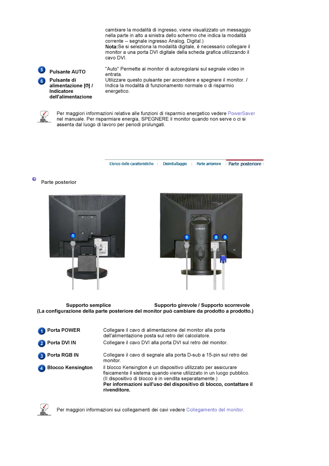 Samsung LS19HADKSE/EDC, LS19HADKSP/EDC manual Parte posterior, Porta DVI, Porta RGB, Blocco Kensington, Rivenditore 