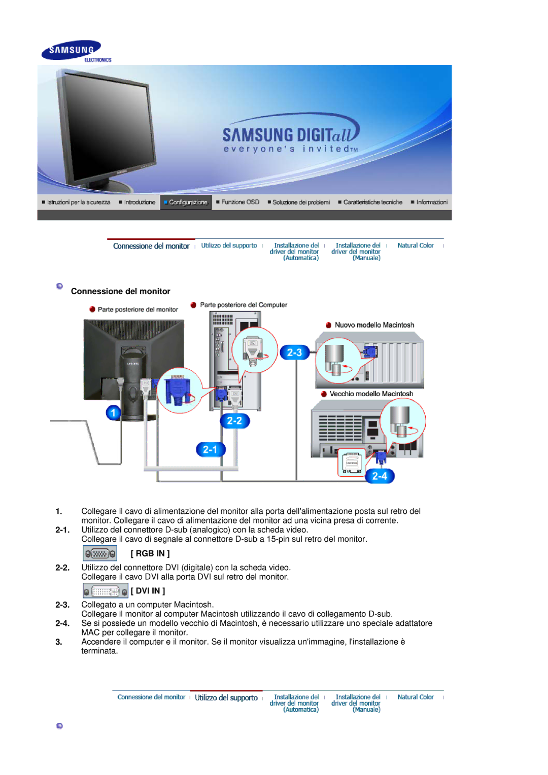 Samsung LS17HADKSX/EDC, LS19HADKSP/EDC, LS19HADKSE/EDC, LS19HADKS7/EDC, LS17HADKSH/EDC manual Connessione del monitor, Rgb, Dvi 