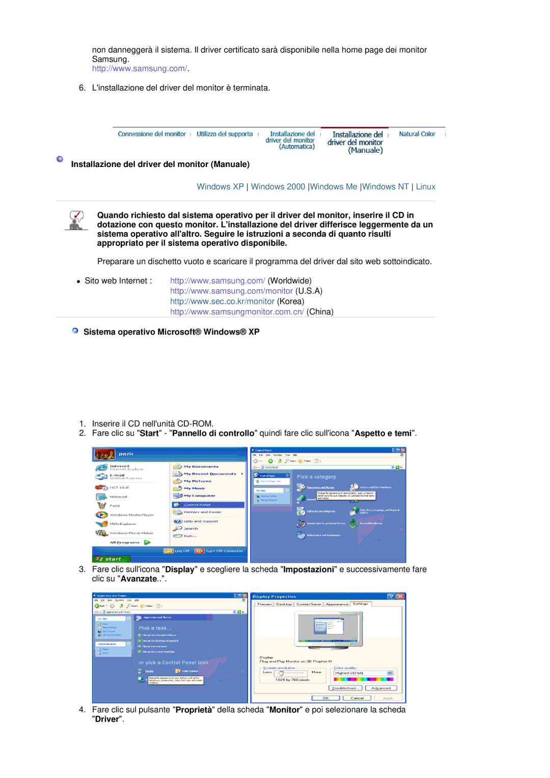 Samsung LS19HADKSP/EDC manual Installazione del driver del monitor Manuale, Sistema operativo Microsoft Windows XP 