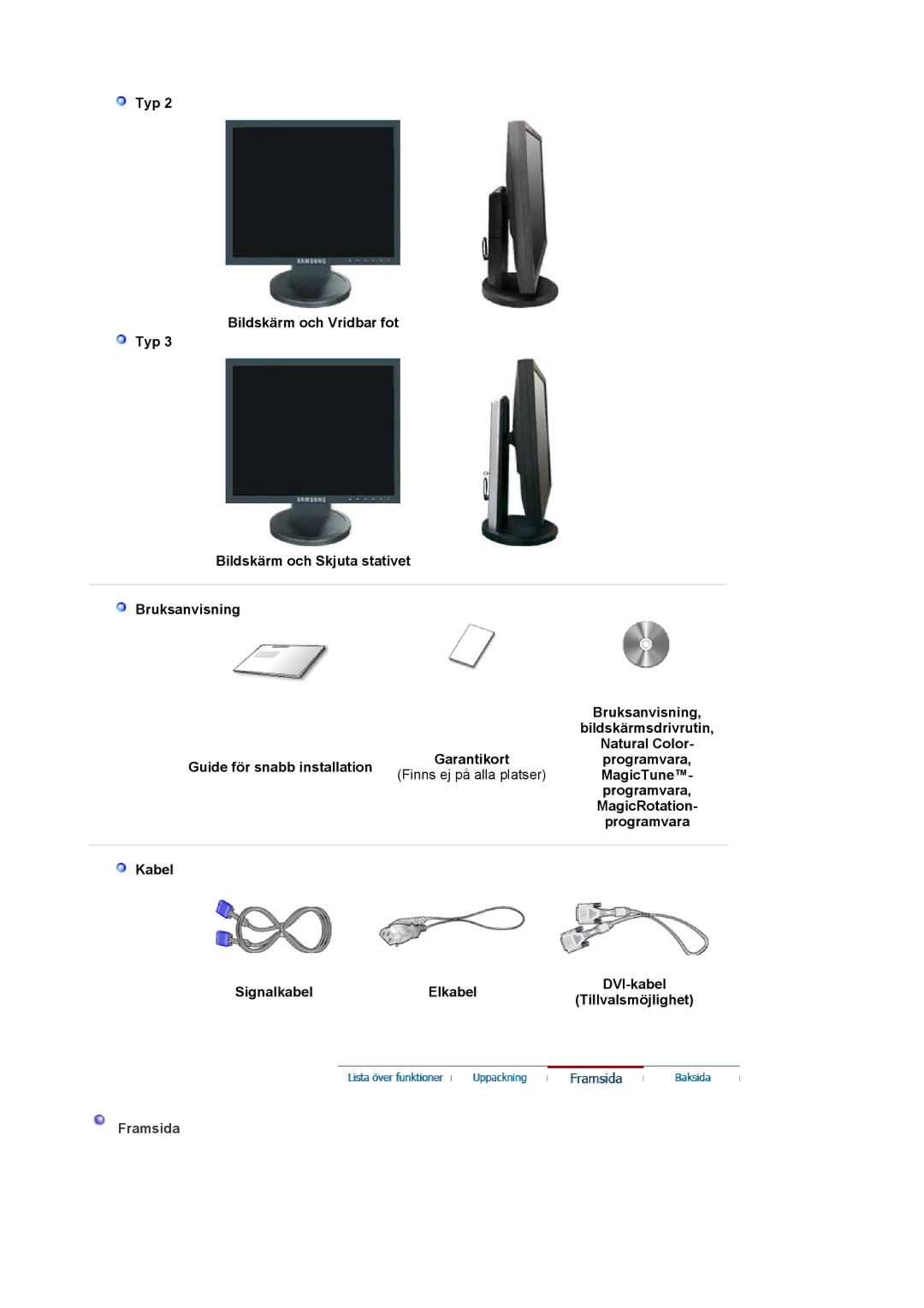 Samsung LS19HADKSE/EDC manual MagicTune, MagicRotation, Kabel SignalkabelElkabelDVI-kabelTillvalsmöjlighet, Framsida 