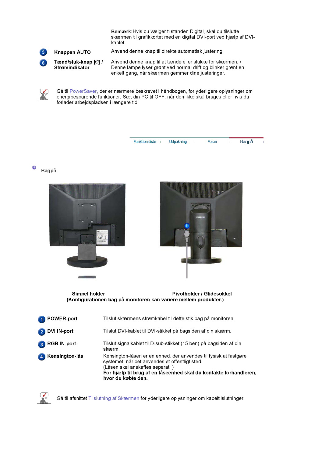 Samsung LS19HADKS7/EDC manual Knappen Auto Tænd/sluk-knap / Strømindikator, Bagpå, DVI IN-port, RGB IN-port, Kensington-lås 