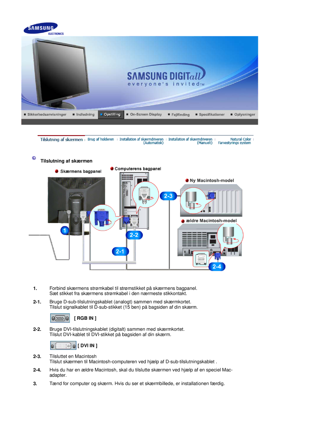 Samsung LS17HADKSH/EDC, LS19HADKSP/EDC, LS19HADKSE/EDC, LS17HADKSX/EDC, LS19HADKS7/EDC manual Tilslutning af skærmen, Rgb, Dvi 