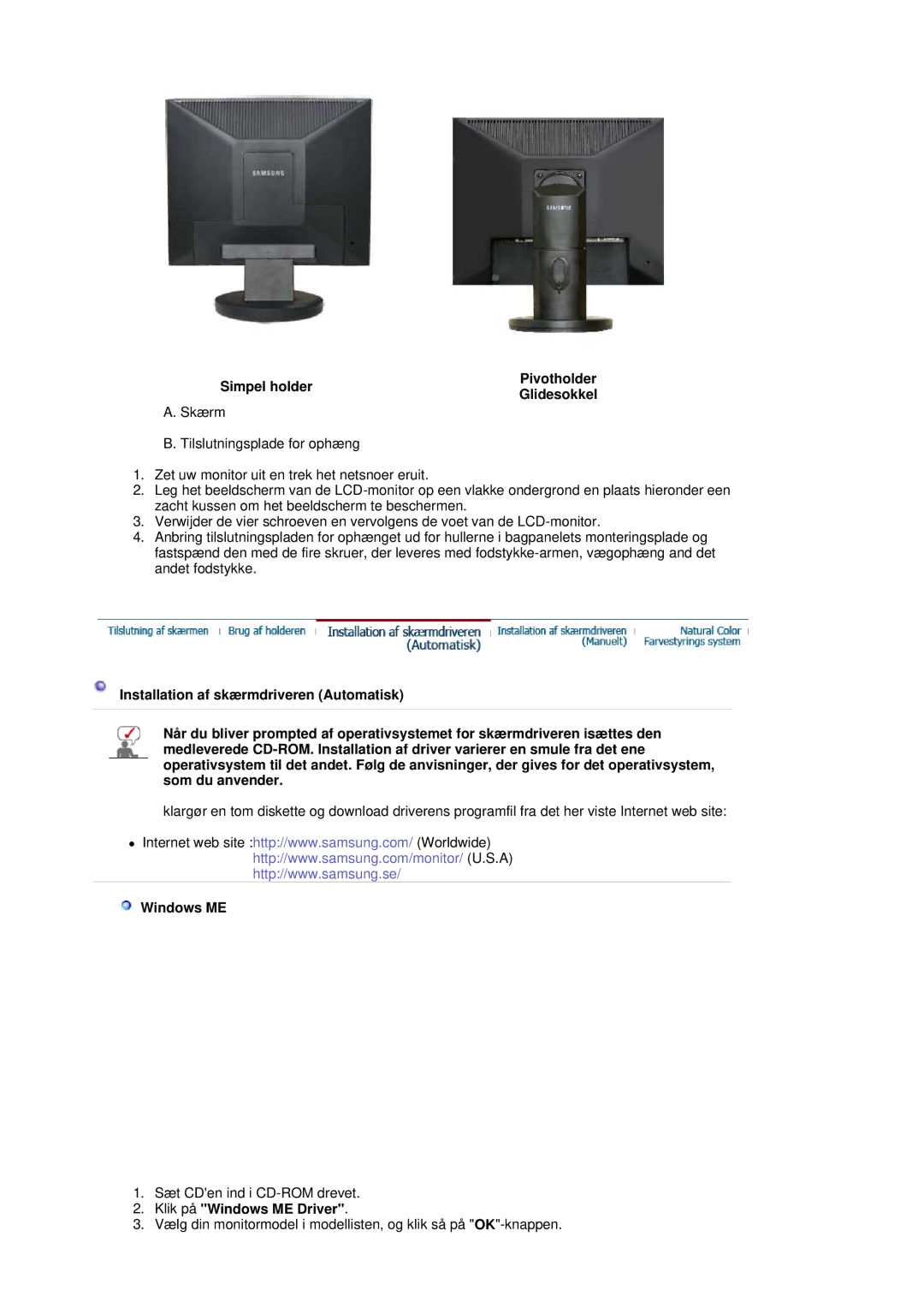 Samsung LS19HADKSE/EDC, LS19HADKSP/EDC, LS17HADKSX/EDC Simpel holder Pivotholder Glidesokkel, Klik på Windows ME Driver 