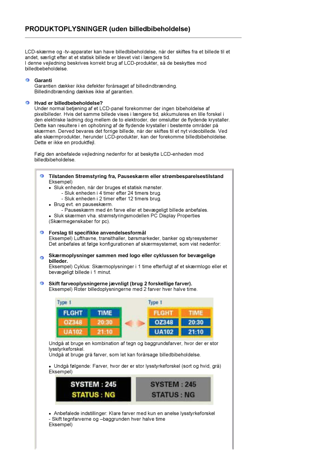 Samsung LS19HADKS7/EDC, LS19HADKSP/EDC manual Garanti, Hvad er billedbebeholdelse?, Forslag til specifikke anvendelsesformål 