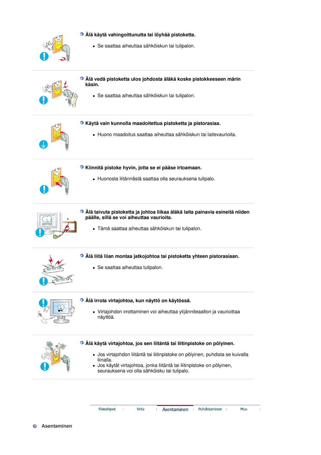 Samsung LS19HADKS7/EDC Älä käytä vahingoittunutta tai löyhää pistoketta, Älä irrota virtajohtoa, kun näyttö on käytössä 