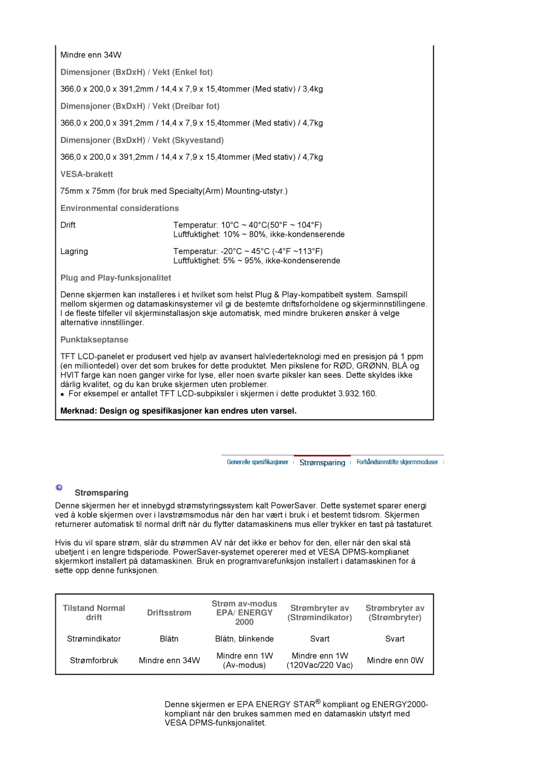 Samsung LS19HADKSE/EDC, LS19HADKSP/EDC manual Merknad Design og spesifikasjoner kan endres uten varsel, Strømsparing 