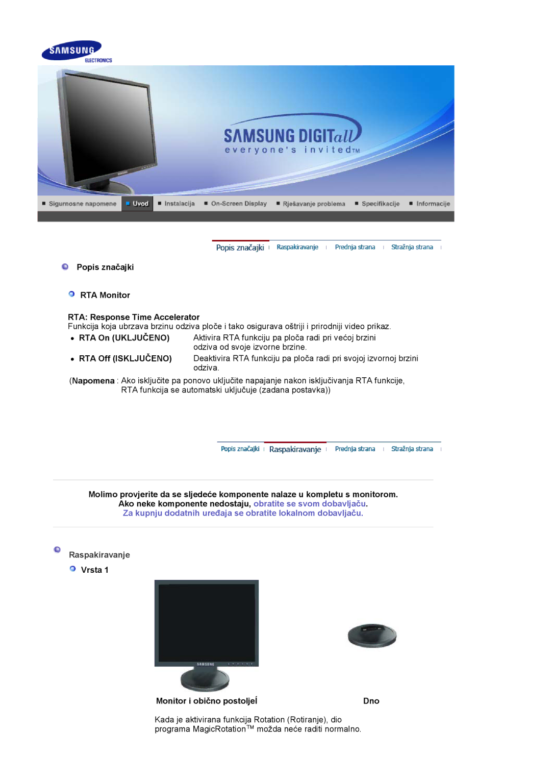 Samsung LS19HADKSP/EDC, LS19HADKSE/EDC manual Popis značajki RTA Monitor RTA Response Time Accelerator, Raspakiravanje 