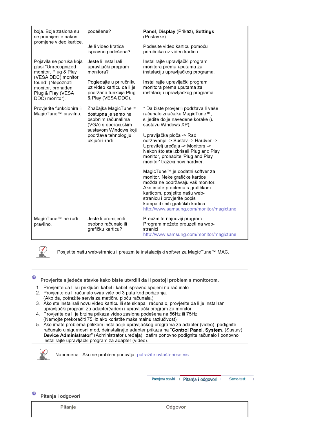 Samsung LS17HADKSX/EDC, LS19HADKSP/EDC, LS19HADKSE/EDC manual Panel, Display Prikaz, Settings Postavke, Pitanja i odgovori 