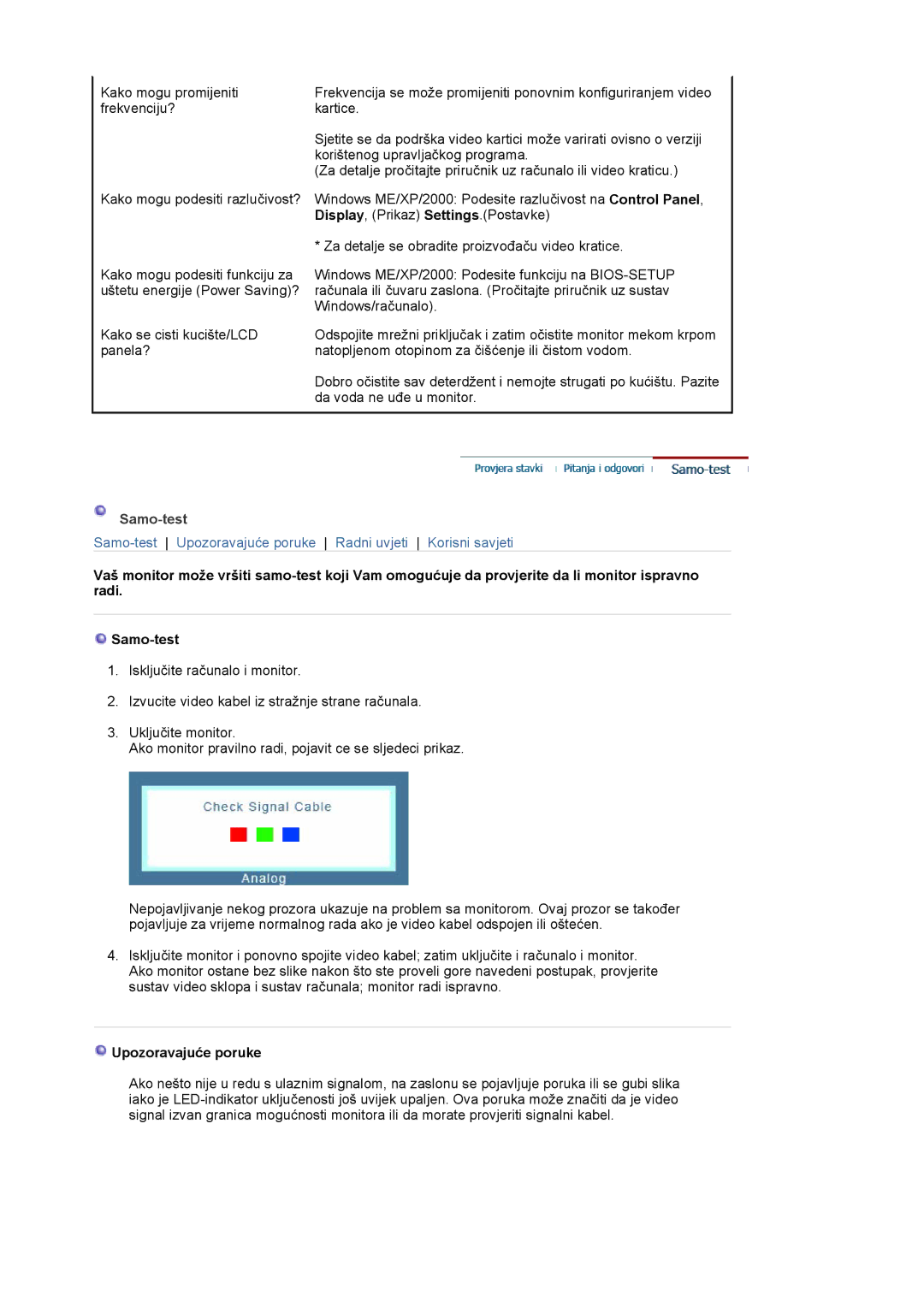 Samsung LS19HADKS7/EDC, LS19HADKSP/EDC, LS19HADKSE/EDC, LS17HADKSX/EDC, LS17HADKSH/EDC manual Samo-test, Upozoravajuće poruke 