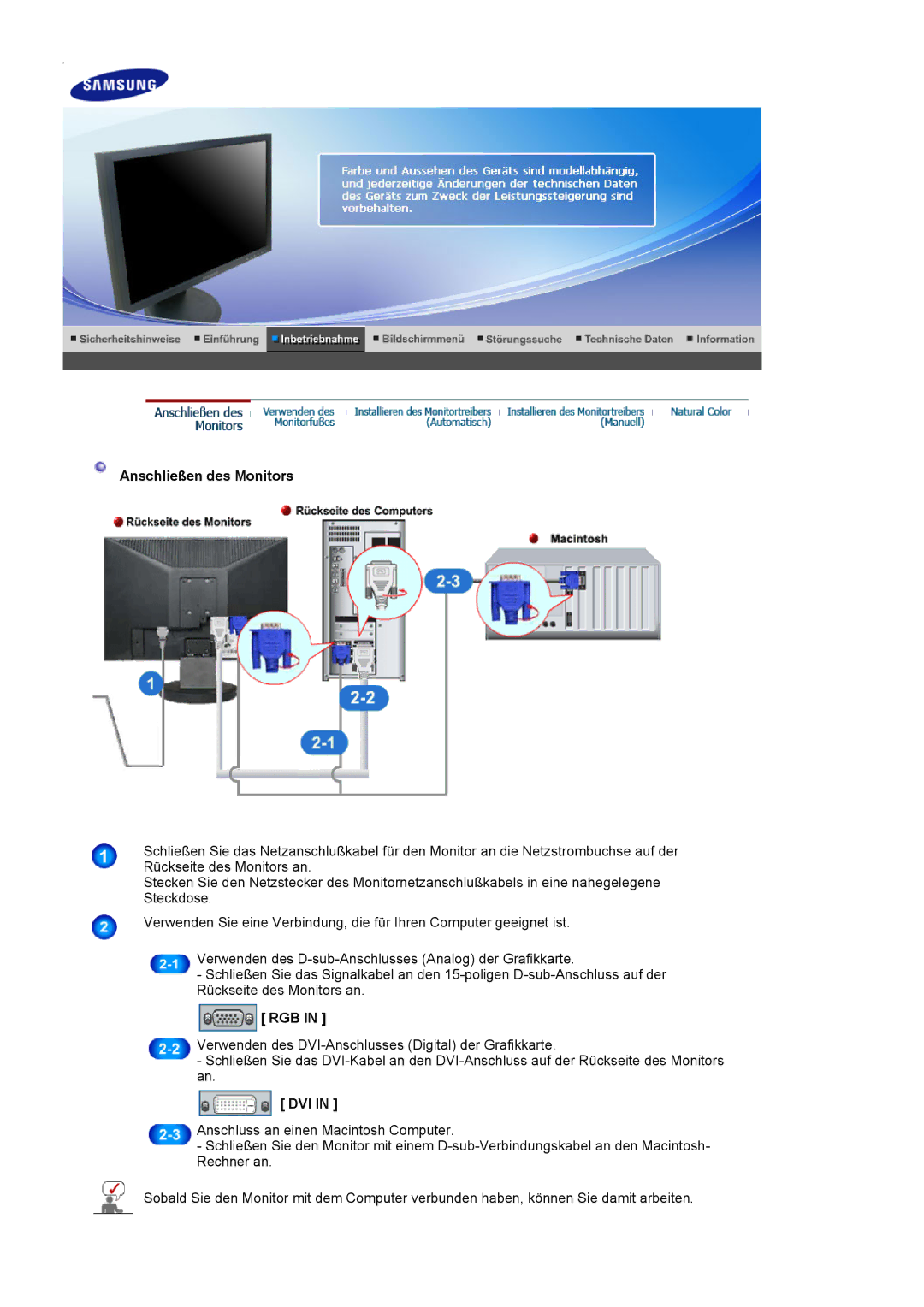 Samsung LS19HAKCSQ/EDC manual Anschließen des Monitors, Rgb, Dvi 