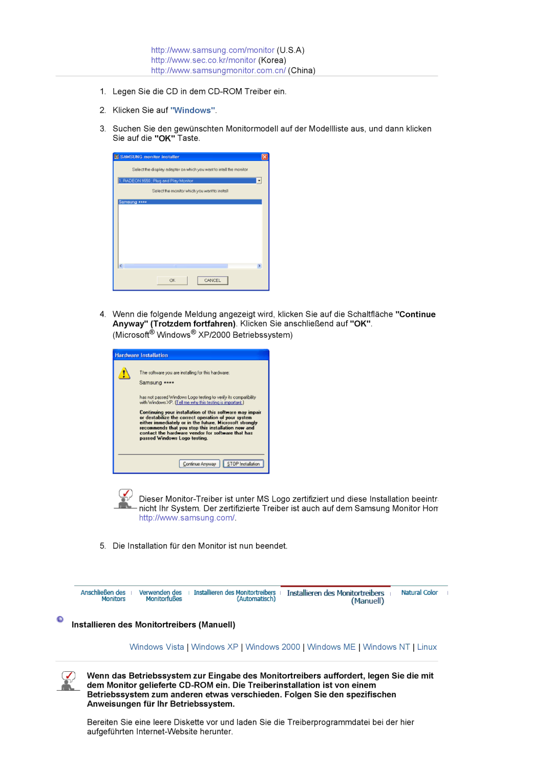 Samsung LS19HAKCSQ/EDC manual Installieren des Monitortreibers Manuell 