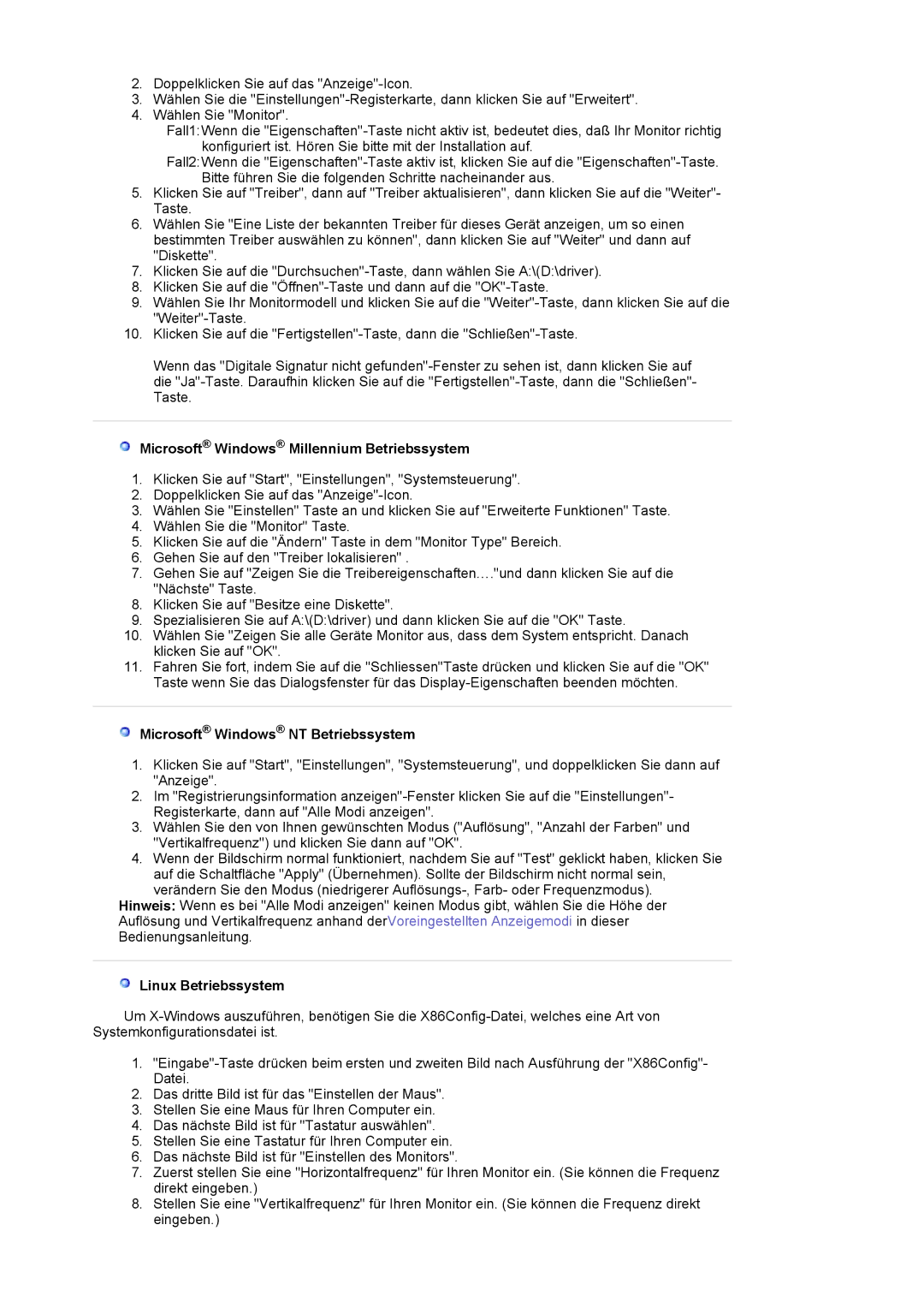 Samsung LS19HAKCSQ/EDC manual Microsoft Windows Millennium Betriebssystem, Microsoft Windows NT Betriebssystem 