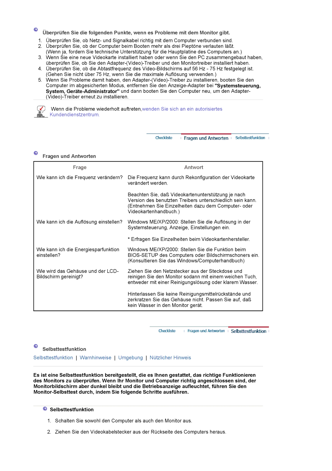 Samsung LS19HAKCSQ/EDC manual Fragen und Antworten, Frage Antwort, Selbsttestfunktion 