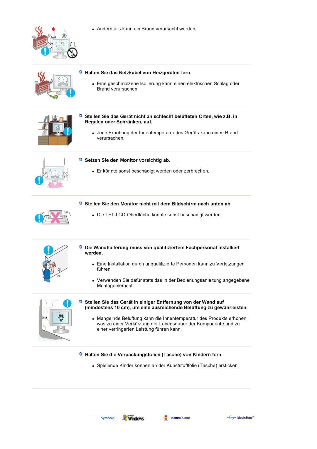 Samsung LS19HAKCSQ/EDC manual Halten Sie das Netzkabel von Heizgeräten fern, Setzen Sie den Monitor vorsichtig ab 