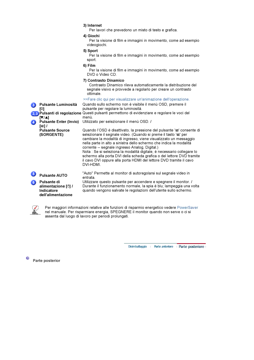 Samsung LS19HAKCSQ/EDC manual Internet, Giochi, Sport, Film, Parte posterior 