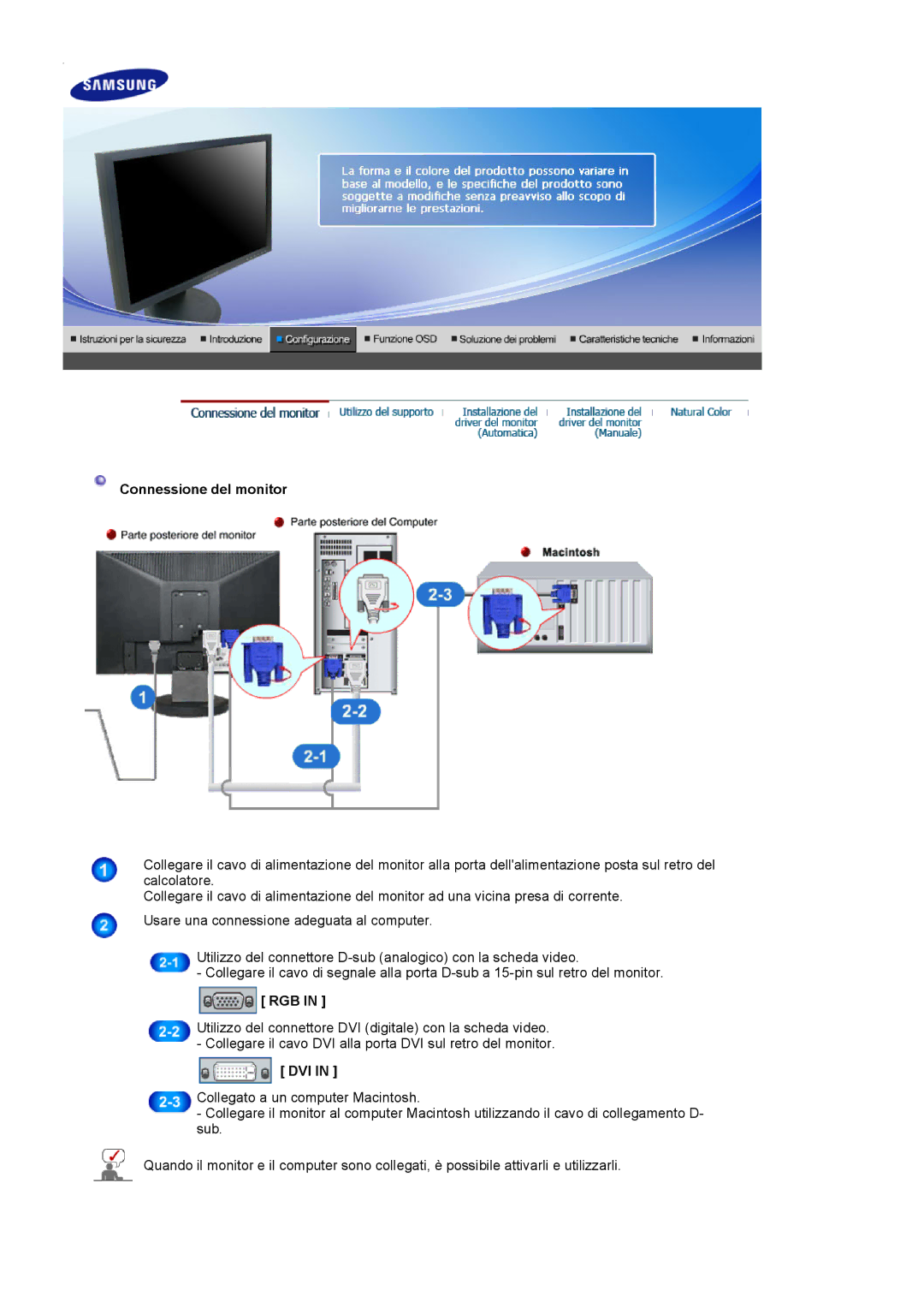 Samsung LS19HAKCSQ/EDC manual Connessione del monitor, Rgb, Dvi 