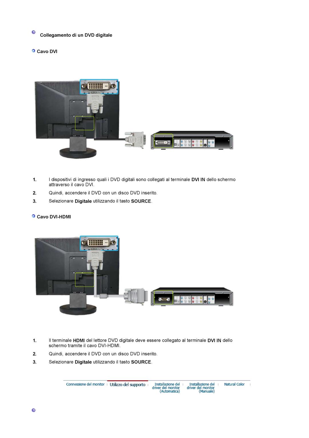 Samsung LS19HAKCSQ/EDC manual Collegamento di un DVD digitale Cavo DVI, Cavo DVI-HDMI 