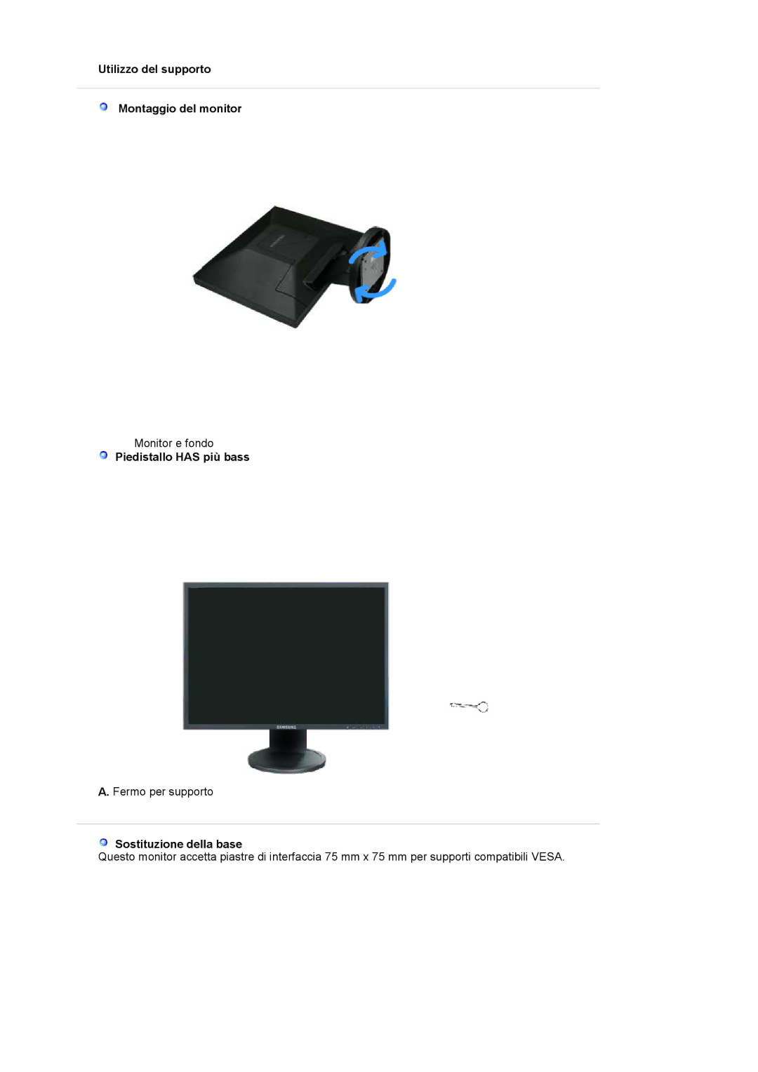 Samsung LS19HAKCSQ/EDC Utilizzo del supporto Montaggio del monitor, Piedistallo has più bass, Sostituzione della base 