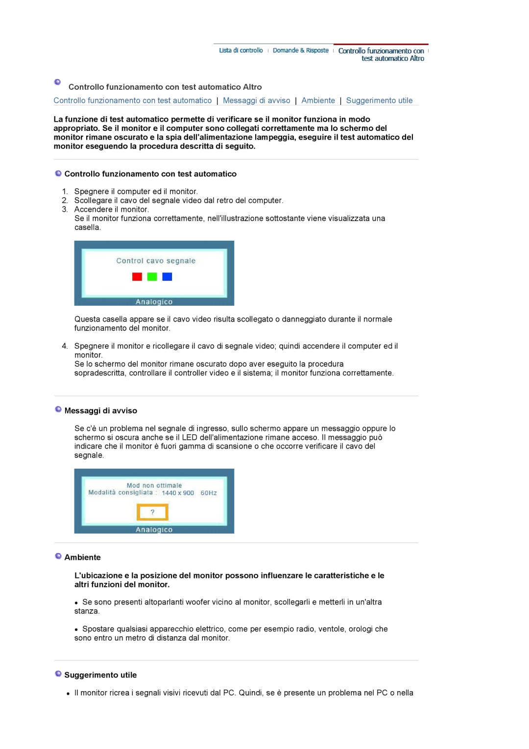 Samsung LS19HAKCSQ/EDC manual Controllo funzionamento con test automatico Altro, Messaggi di avviso, Suggerimento utile 