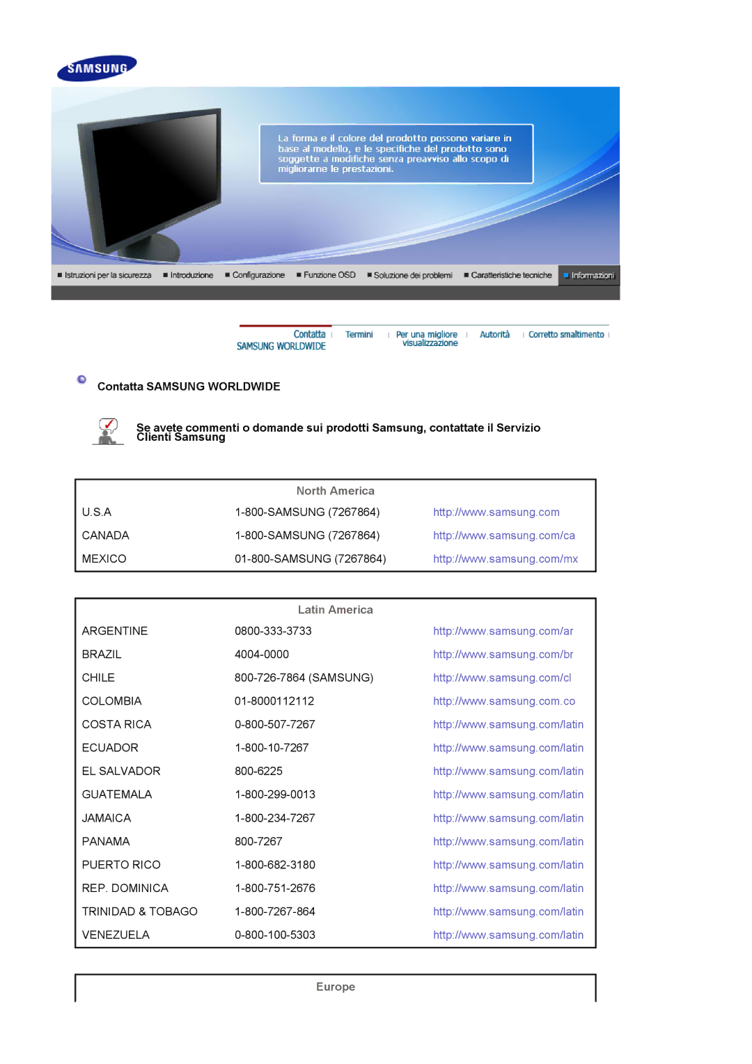 Samsung LS19HAKCSQ/EDC manual North America, Latin America, Europe 