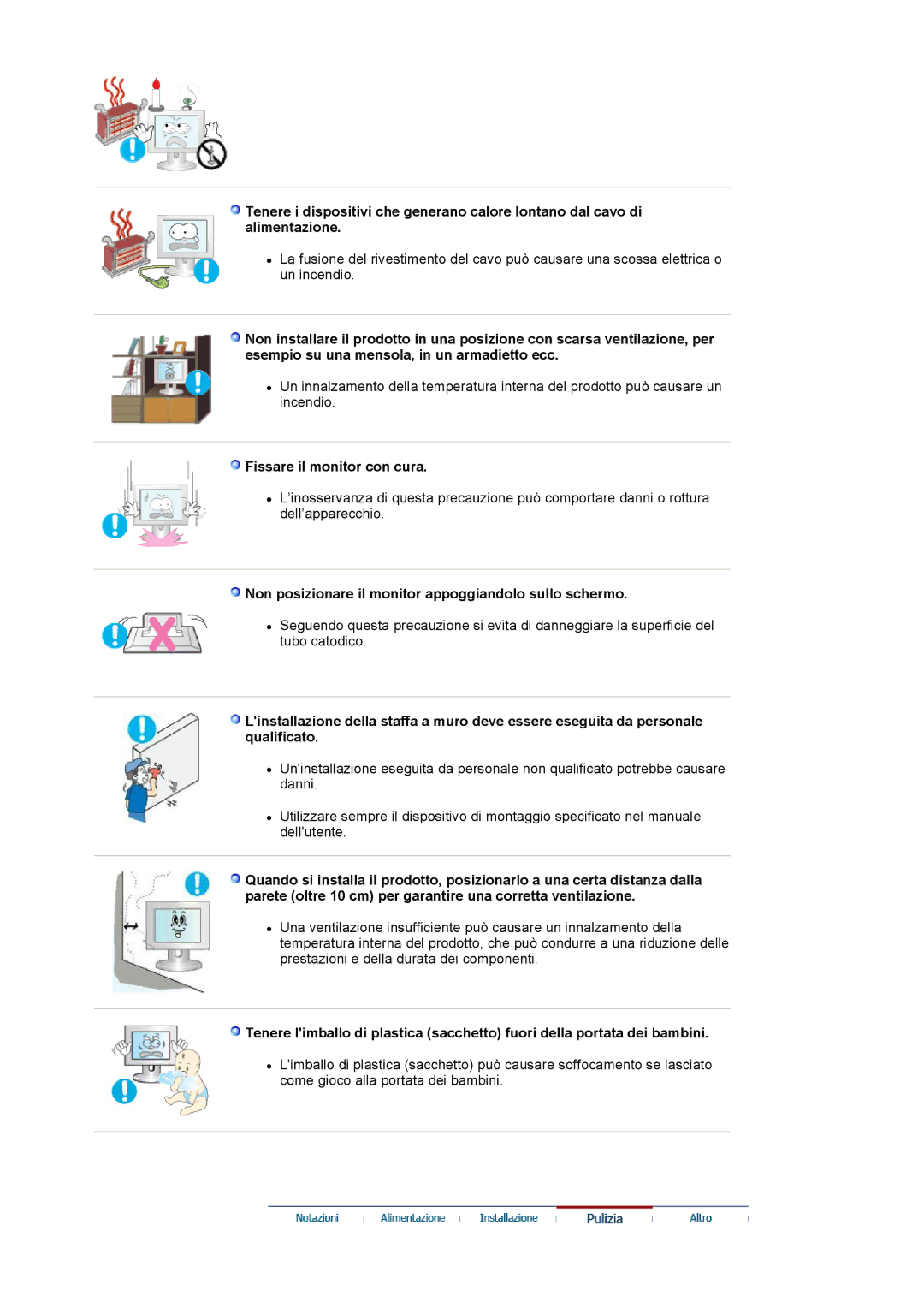 Samsung LS19HAKCSQ/EDC manual Fissare il monitor con cura, Non posizionare il monitor appoggiandolo sullo schermo 