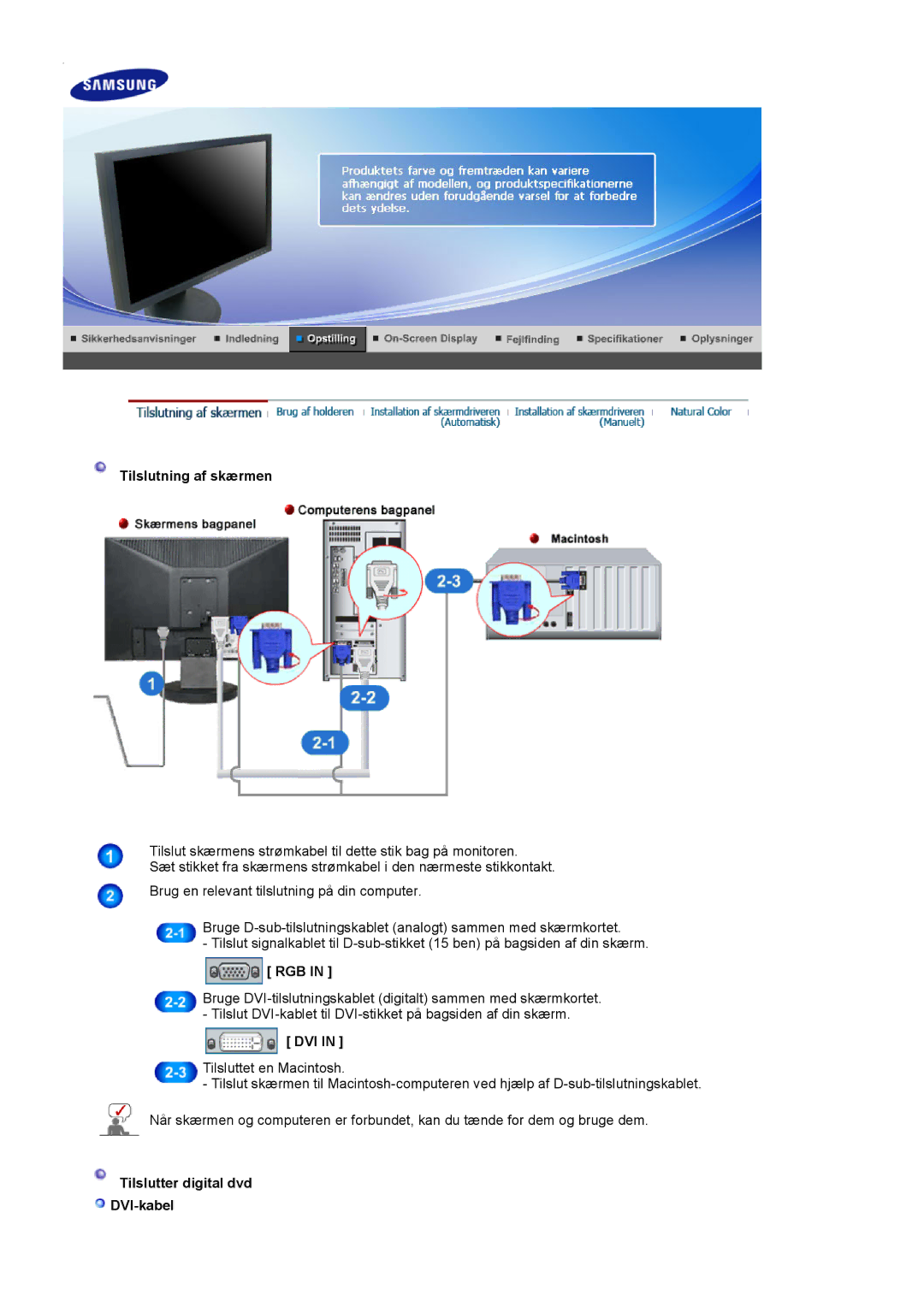 Samsung LS19HAKCSQ/EDC manual Tilslutning af skærmen, Rgb, Dvi, Tilslutter digital dvd DVI-kabel 