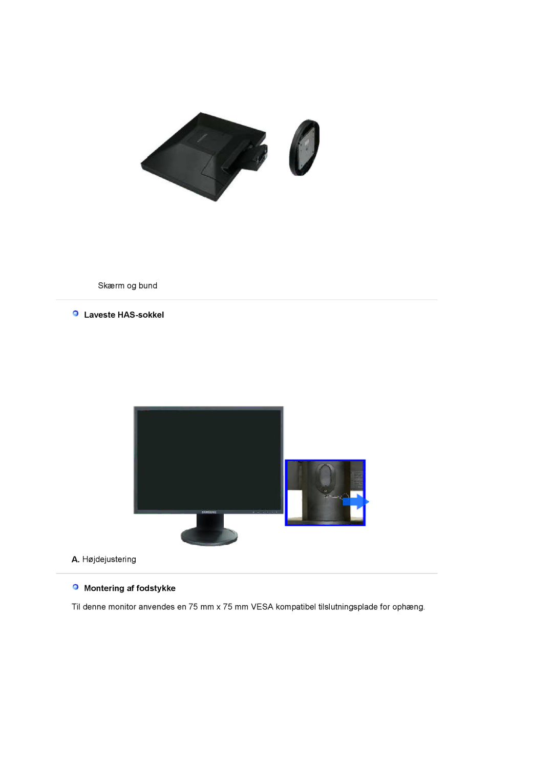 Samsung LS19HAKCSQ/EDC manual Laveste HAS-sokkel, Montering af fodstykke 