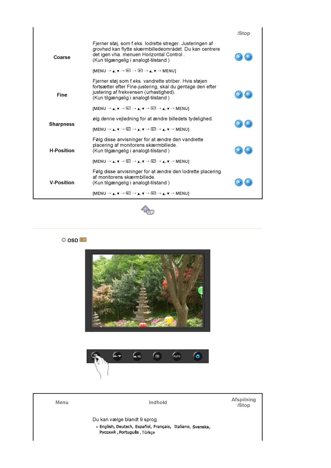 Samsung LS19HAKCSQ/EDC manual Coarse Fine Sharpness Position, Osd, Menu Indhold Afspilning Stop Du kan vælge blandt 9 sprog 