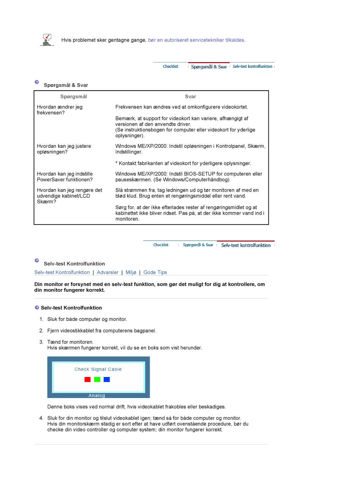 Samsung LS19HAKCSQ/EDC manual Spørgsmål & Svar, Spørgsmål Svar, Selv-test Kontrolfunktion 