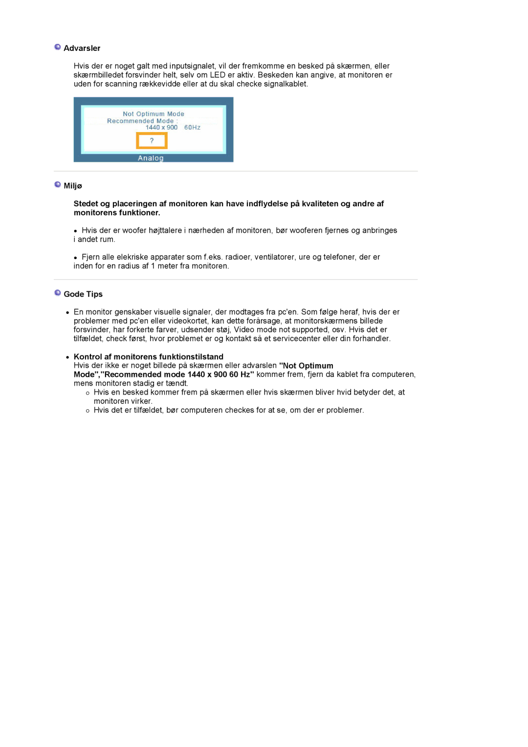 Samsung LS19HAKCSQ/EDC manual Advarsler, Gode Tips, Kontrol af monitorens funktionstilstand 