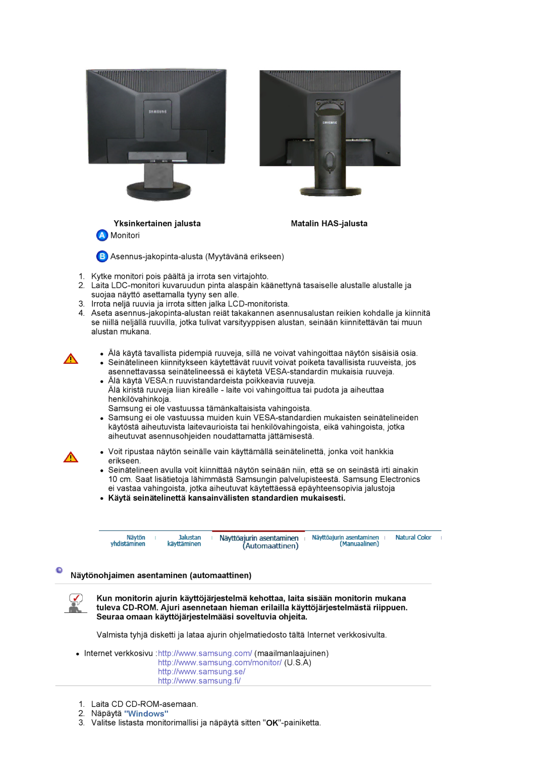 Samsung LS19HAKCSQ/EDC manual Yksinkertainen jalusta Matalin HAS-jalusta, Näpäytä Windows 