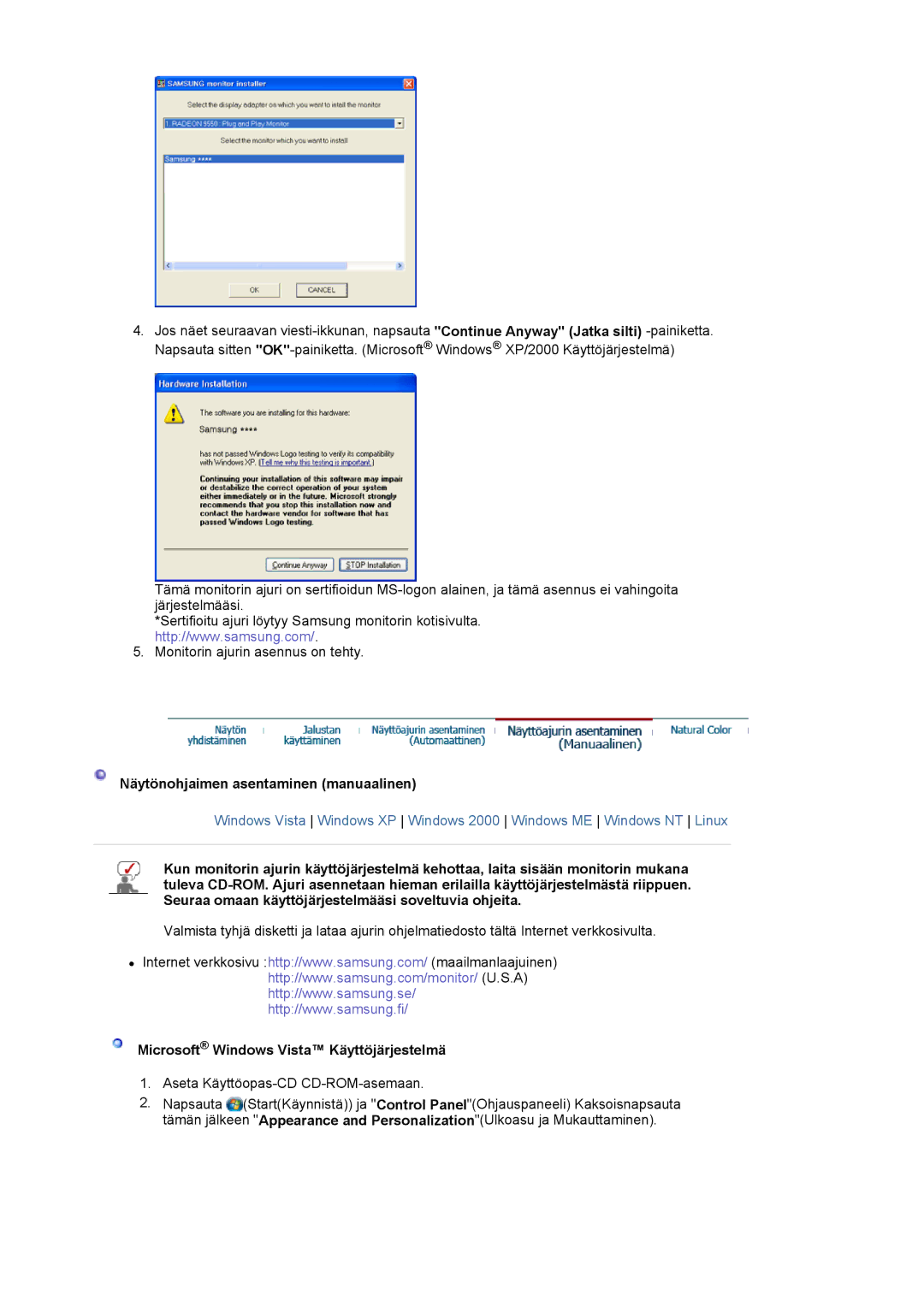 Samsung LS19HAKCSQ/EDC manual Näytönohjaimen asentaminen manuaalinen, Microsoft Windows Vista Käyttöjärjestelmä 