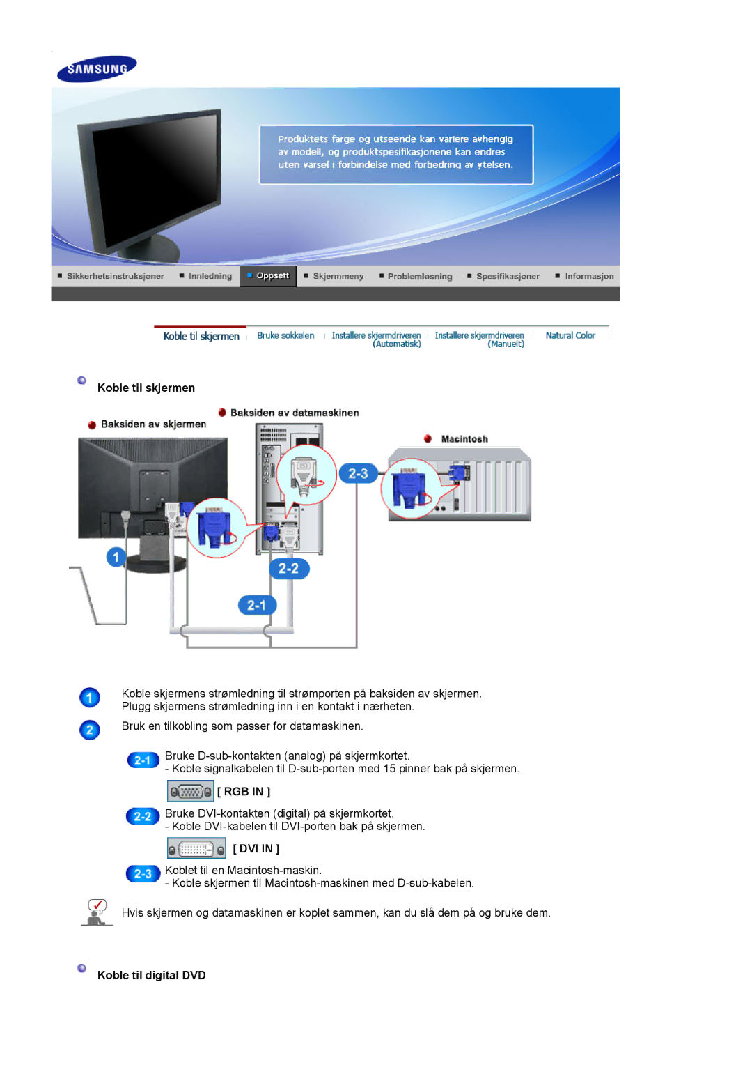 Samsung LS19HAKCSQ/EDC manual Koble til skjermen, Rgb, Dvi, Koble til digital DVD 