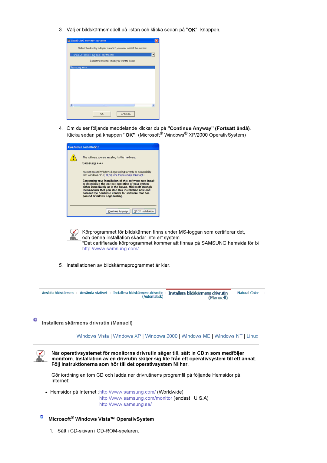 Samsung LS19HAKCSQ/EDC manual Installera skärmens drivrutin Manuell, Microsoft Windows Vista OperativSystem 