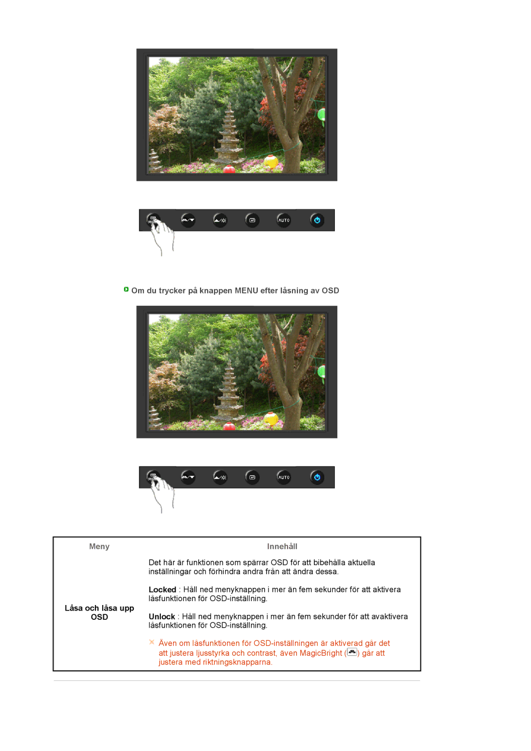 Samsung LS19HAKCSQ/EDC manual Meny Innehåll, Låsa och låsa upp 