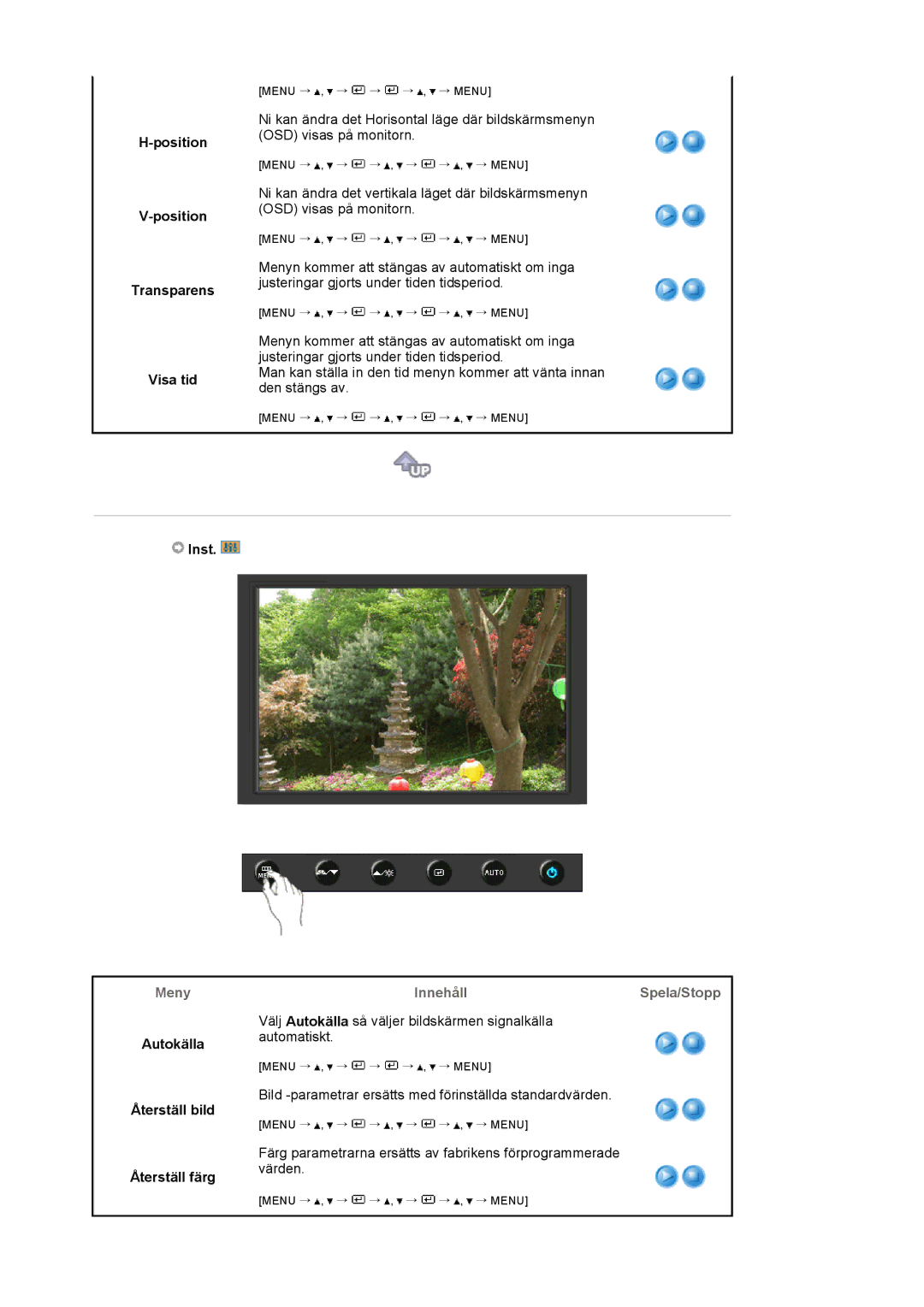 Samsung LS19HAKCSQ/EDC manual Position Transparens Visa tid, Inst, Autokälla Återställ bild Återställ färg 