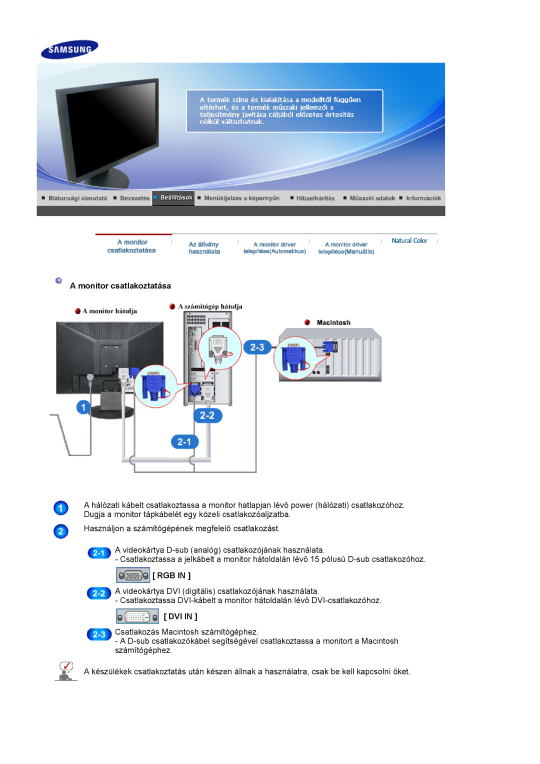 Samsung LS19HAKCSQ/EDC manual Monitor csatlakoztatása, Rgb, Dvi 