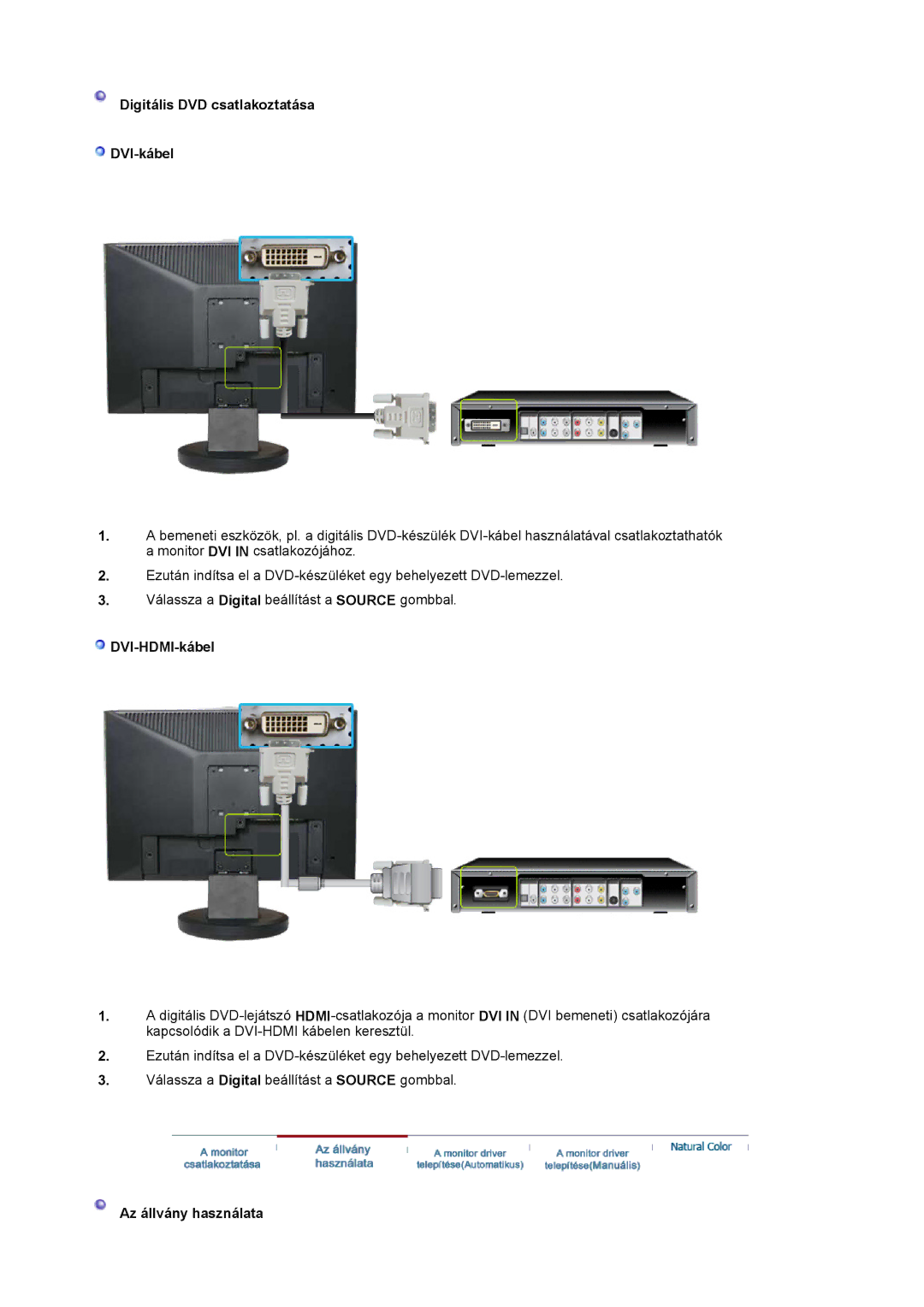 Samsung LS19HAKCSQ/EDC manual Digitális DVD csatlakoztatása DVI-kábel, DVI-HDMI-kábel, Az állvány használata 