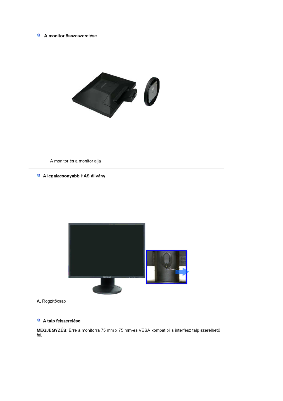 Samsung LS19HAKCSQ/EDC manual Monitor összeszerelése, Talp felszerelése 