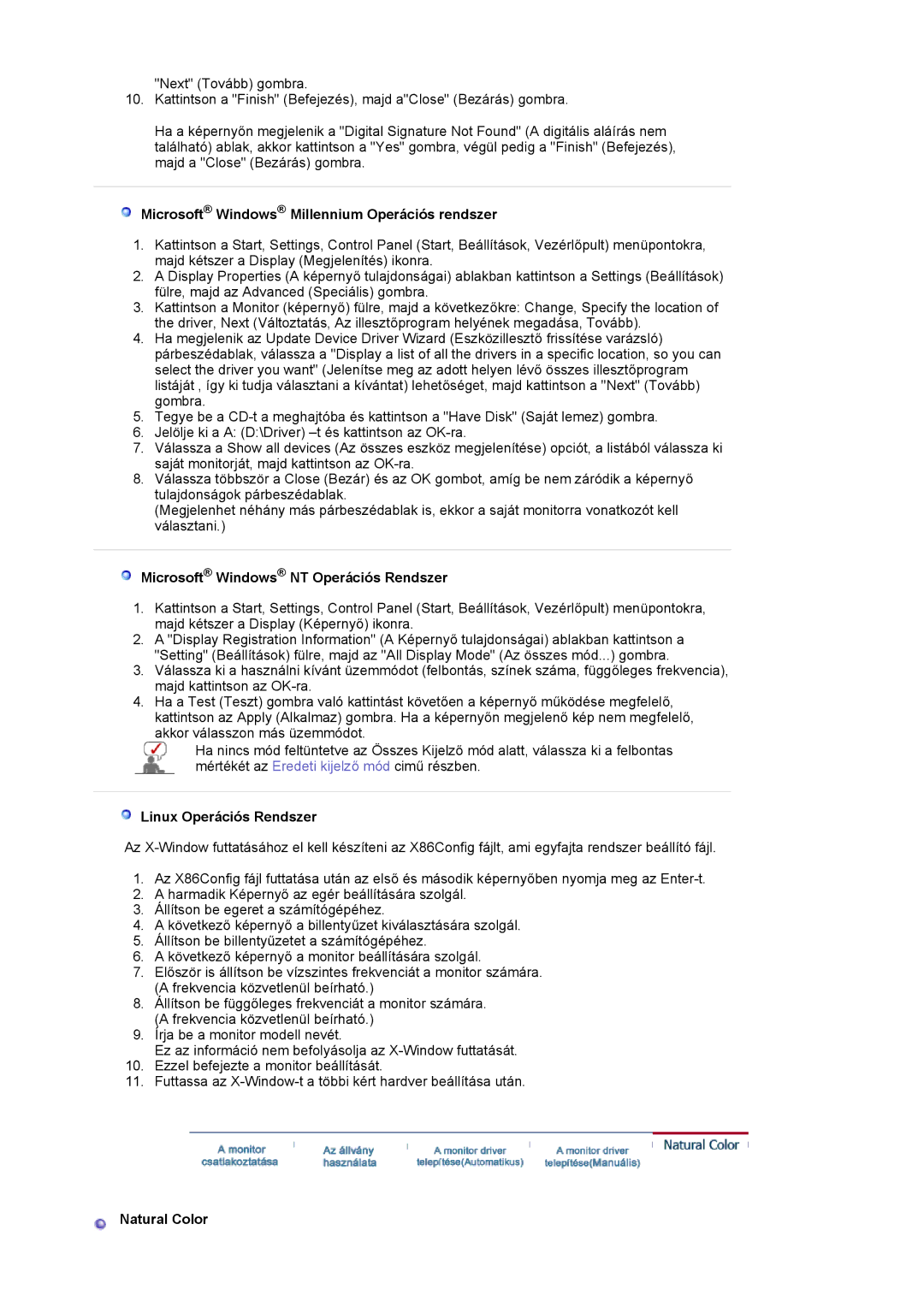 Samsung LS19HAKCSQ/EDC manual Microsoft Windows Millennium Operációs rendszer, Microsoft Windows NT Operációs Rendszer 