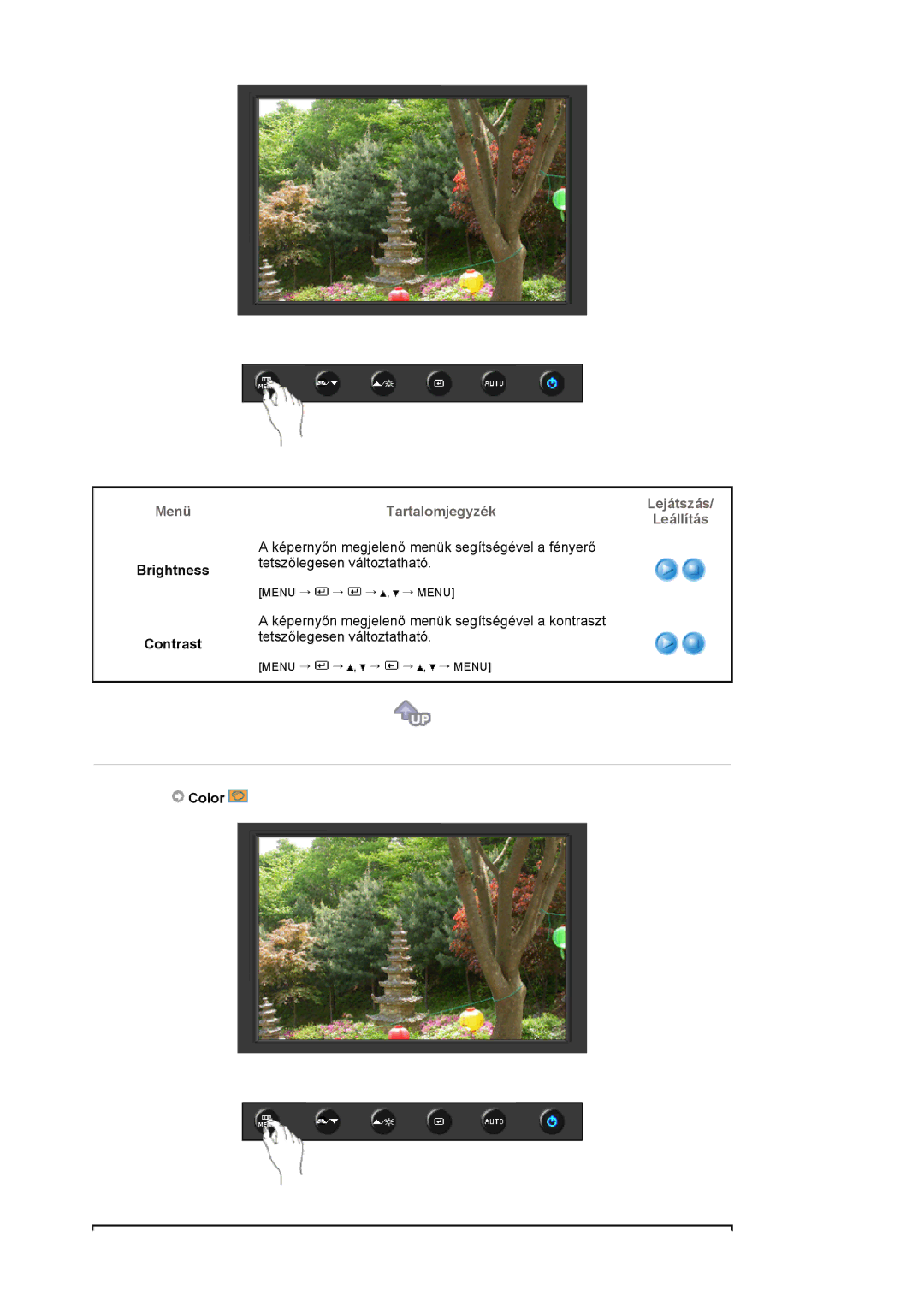 Samsung LS19HAKCSQ/EDC manual Brightness Contrast, Lejátszás Leállítás, Color 